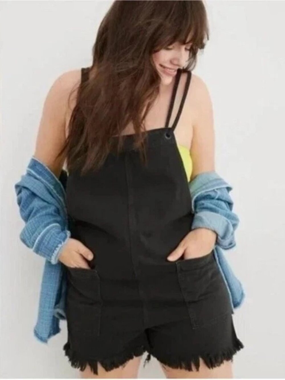 Aerie Double Strap Shortall Romper M Black Denim Med Wash Raw Hem Summer Beach